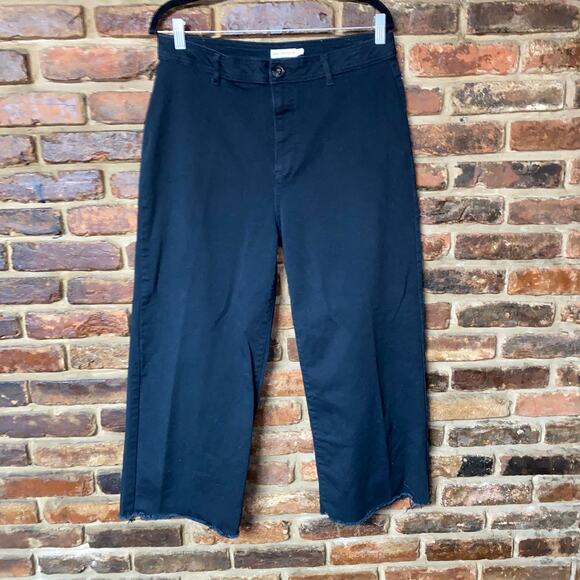 Avec Les Filles Black Wash Denim Wide Leg Cropped Raw Hem Jeans Women's Size 31 - Picture 2 of 8